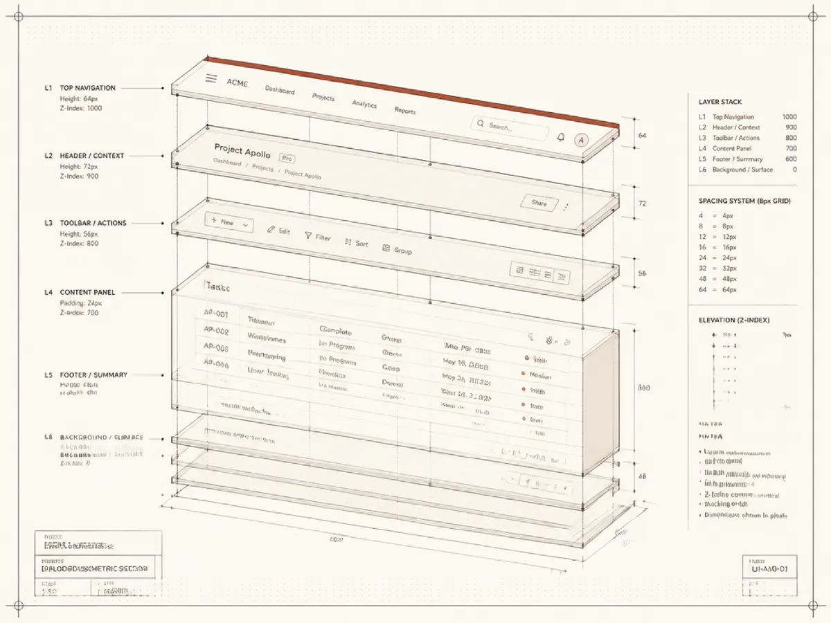 Exploded isometric drafting of a layered interface